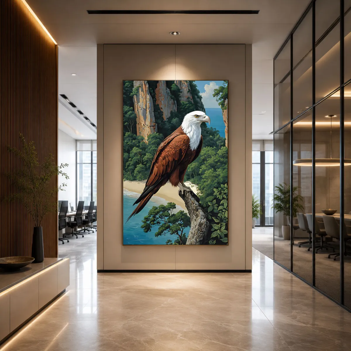 TAMAJAD fine art print of an eagle showcased in a modern corporate office hallway.