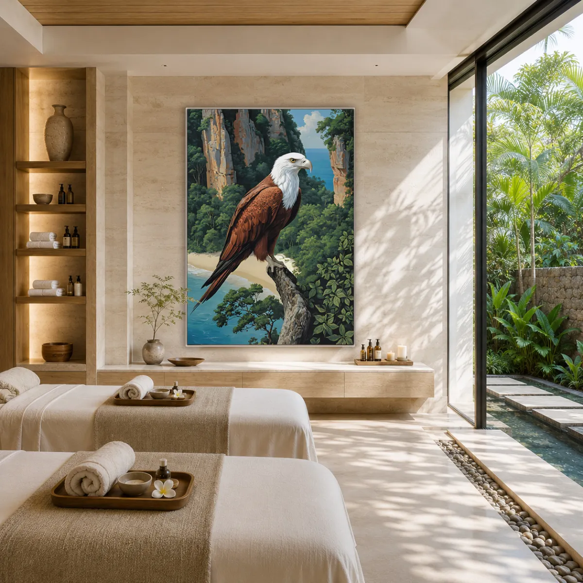 TAMAJAD wildlife art print featuring an eagle, displayed in a luxury spa interior with massage beds.