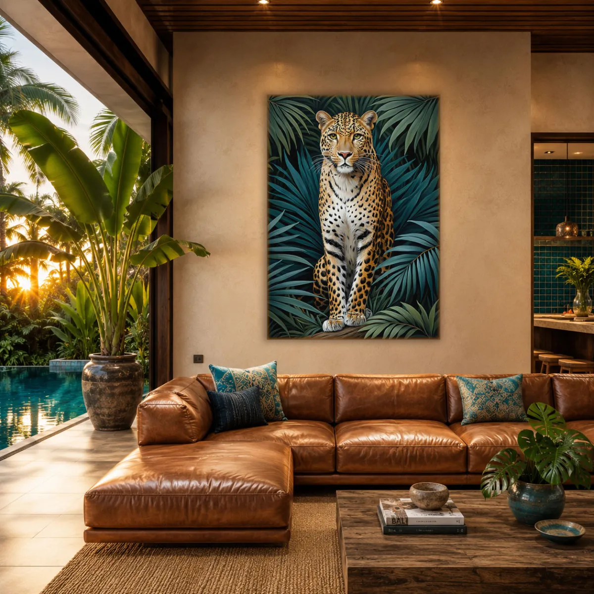Luxury XXL leopard art print in high-end penthouse suite