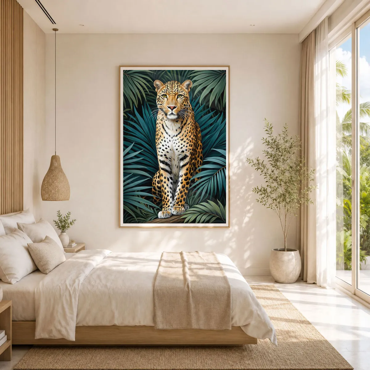 XXL leopard canvas wall art above bed for luxury bedroom