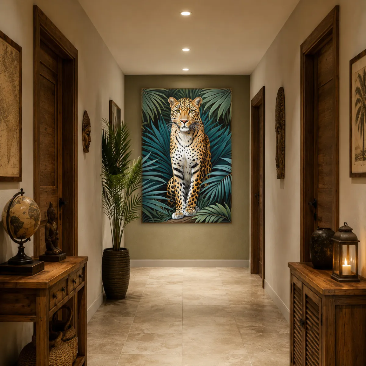 Large luxury leopard wall art in ethnic corridor