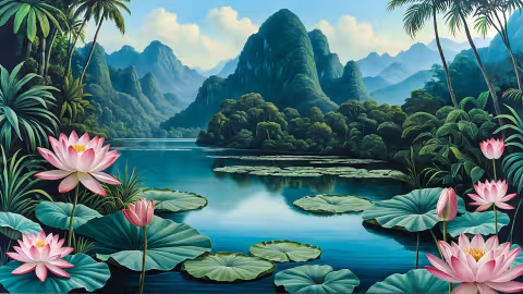 TAMAJAD Uncharted Eden lotus lagoon panoramic wall art