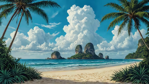 Panoramic Thailand coastal landscape with limestone islands, turquoise sea, towering palms and dramatic clouds.