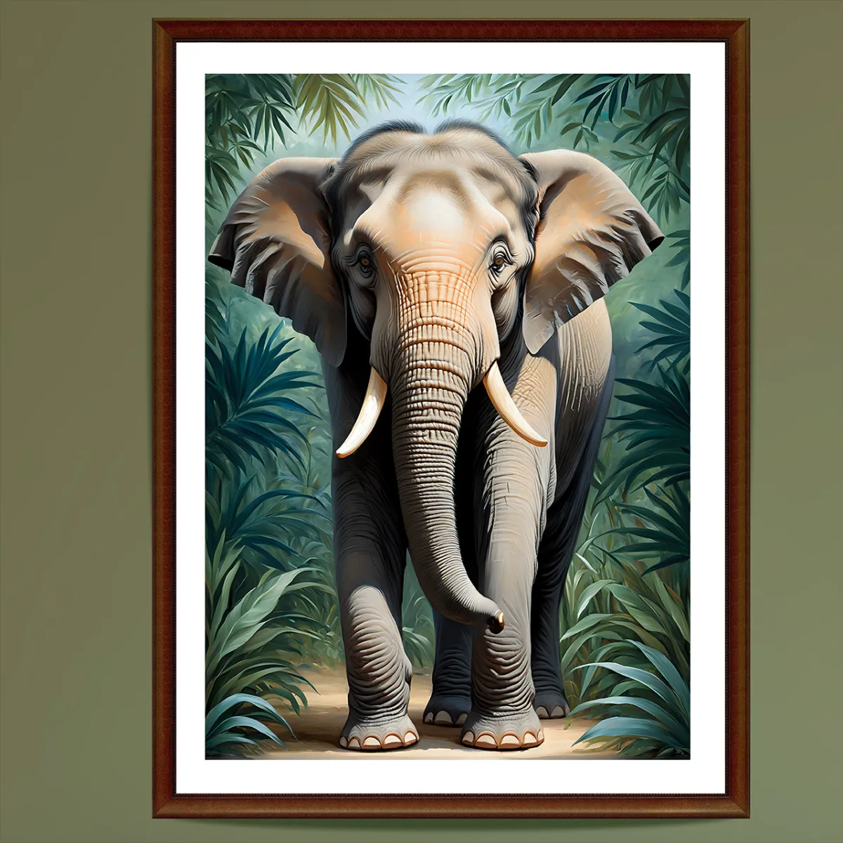 Elephant walking through tropical jungle wall art