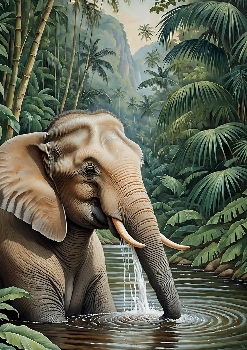 Jungle elephant portrait wall art with tropical atmosphere