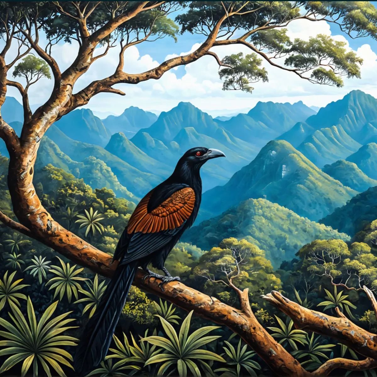 Tropical panoramic bird print featuring a Greater Coucal