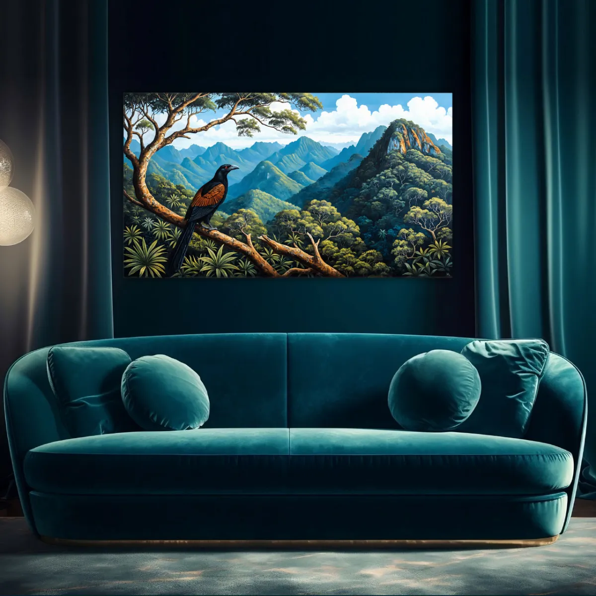 Tropical panoramic wall print with exotic forest bird