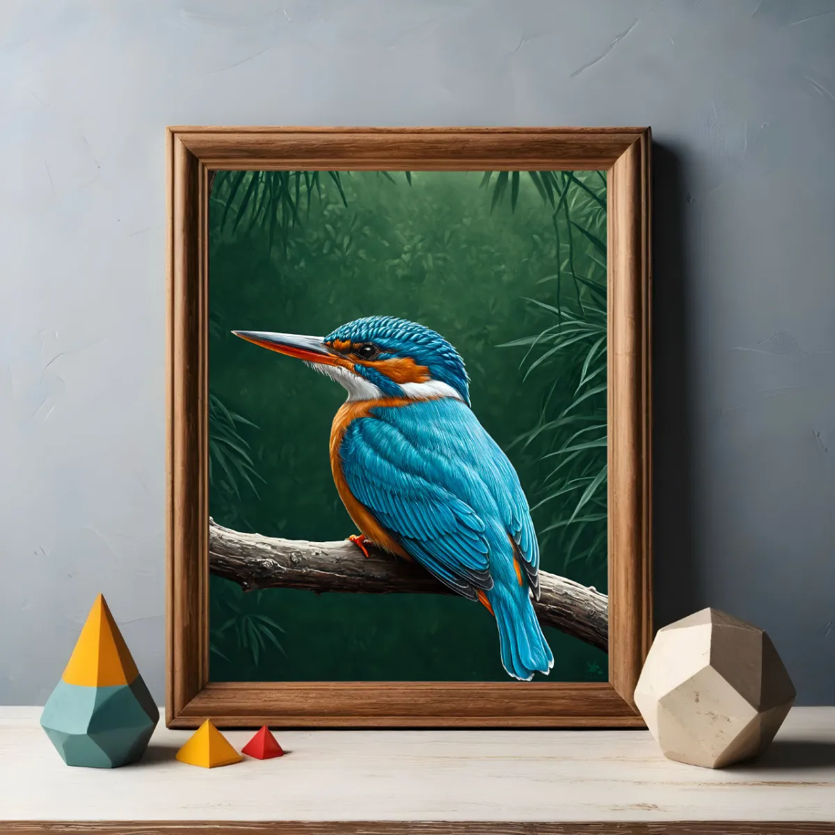 Tropical nature print with kingfisher in rainforest foliage