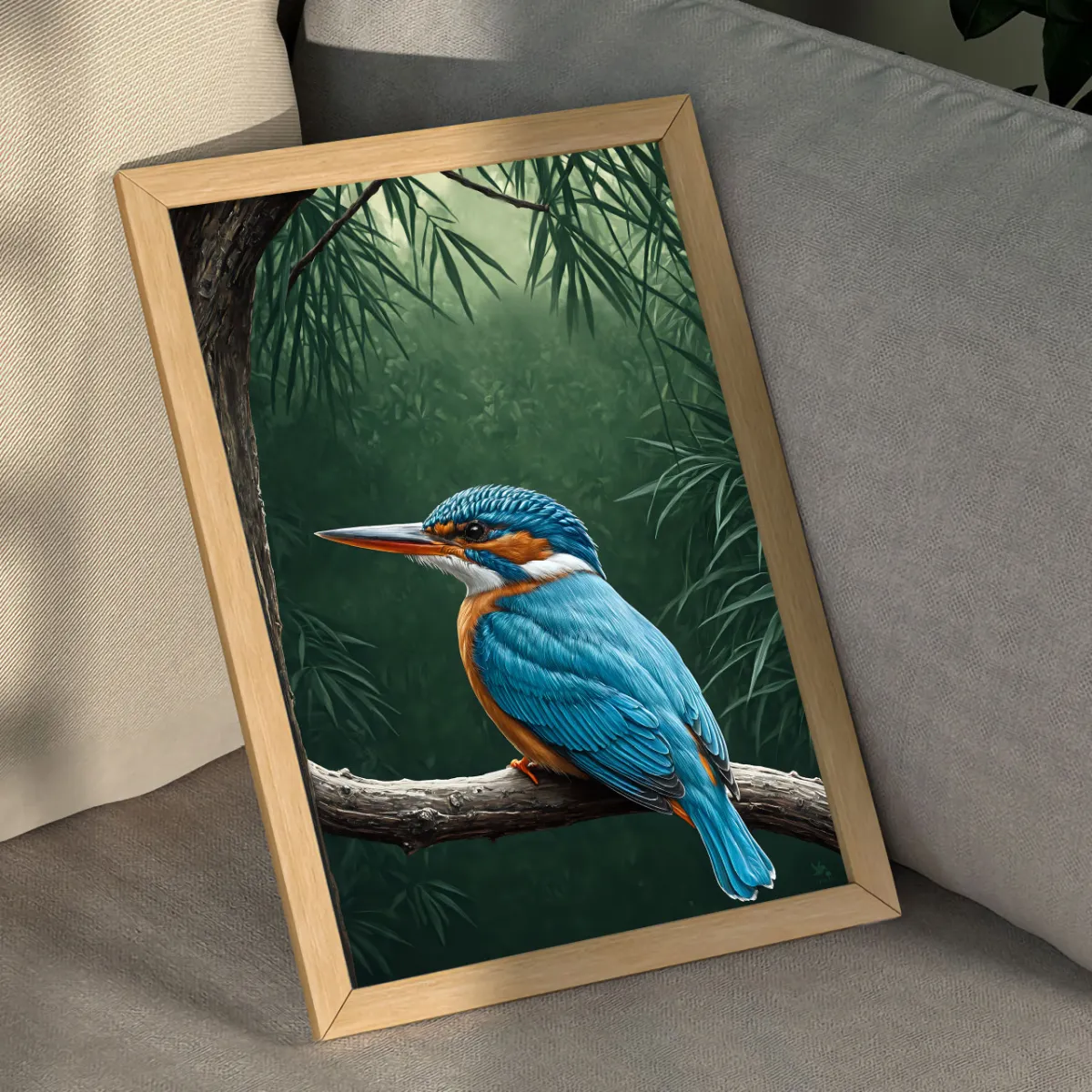 Kingfisher wall art mockup in contemporary jungle interior