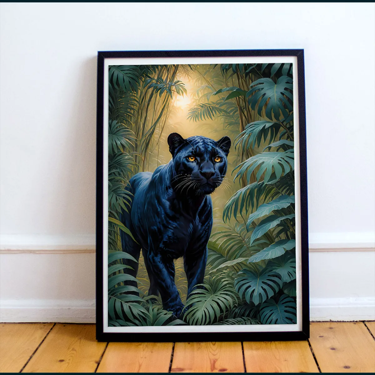 Exotic black panther walking in dark tropical forest