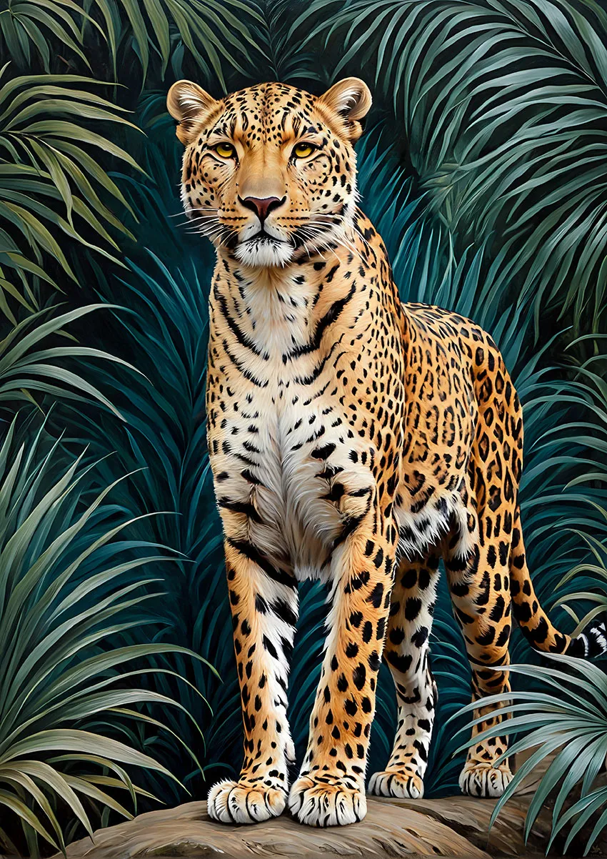 Wild leopard surrounded by jungle vegetation in a tropical forest landscape