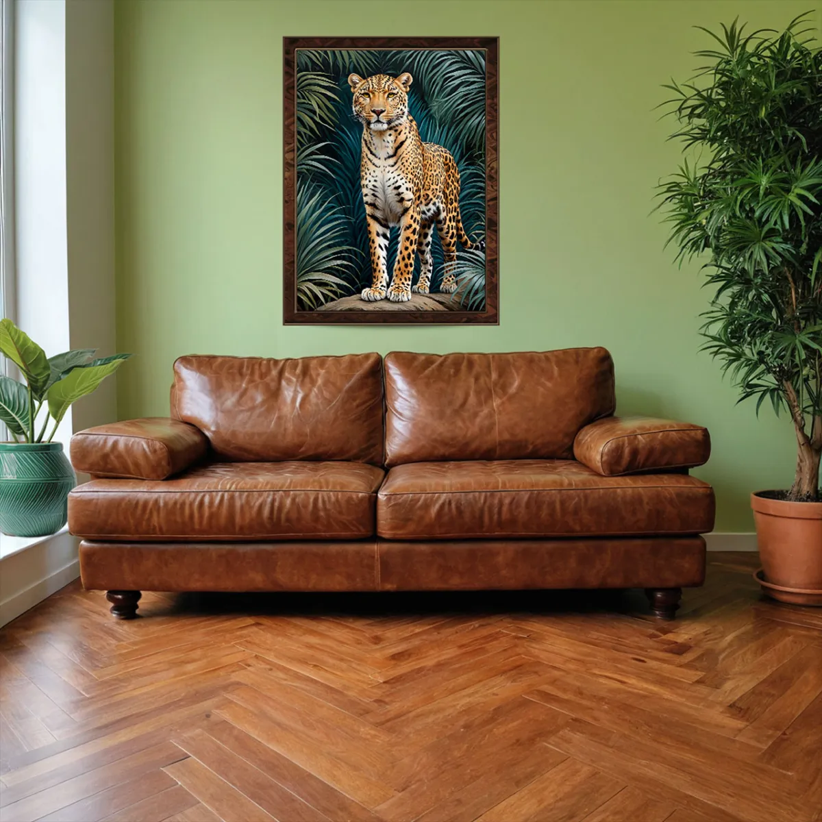 Leopard wall art displayed in a modern living room interior 