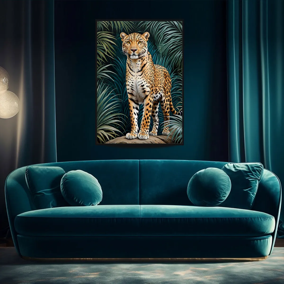 Tropical leopard artwork featured in a contemporary living room