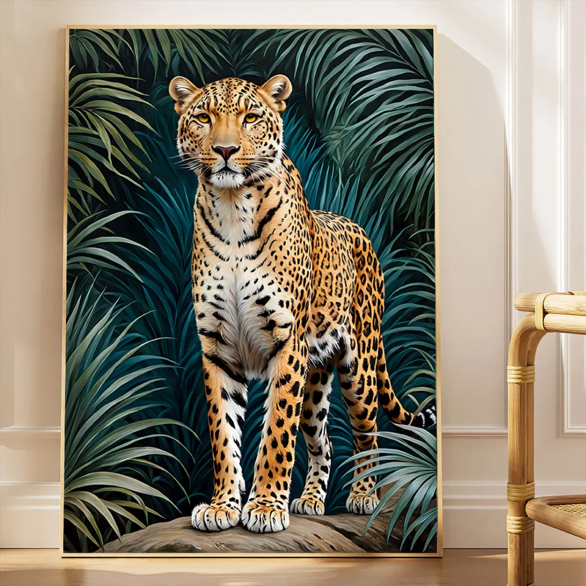 Tropical jungle leopard standing alert among palm leaves and forest shadows