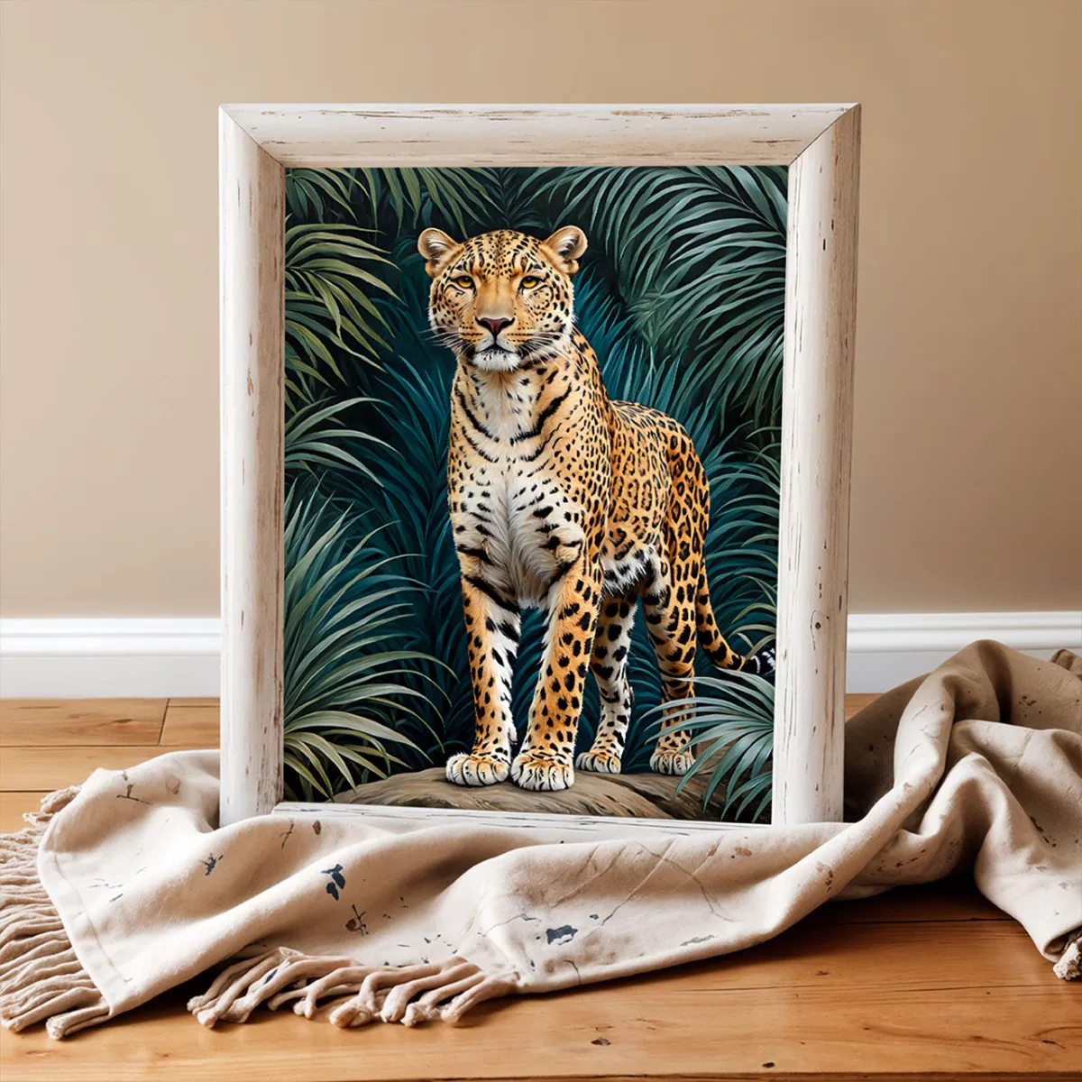 Leopard portrait in dense rainforest foliage with striking golden eyes