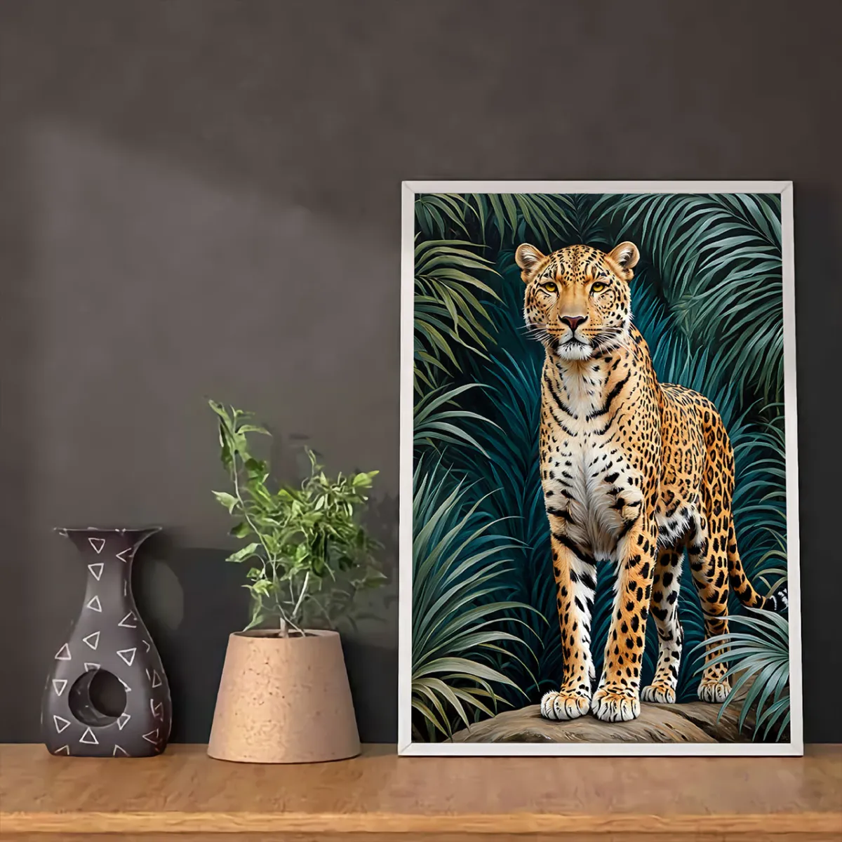 Tropical jungle leopard standing alert among palm leaves and forest shadows