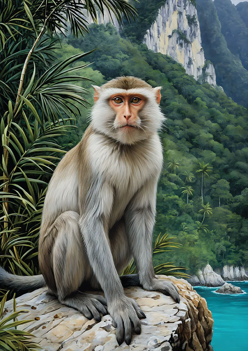 Crab-Eating Monkey Wall Art – Curious Encounter by TAMAJAD | Tropical Wildlife Fine Art Print