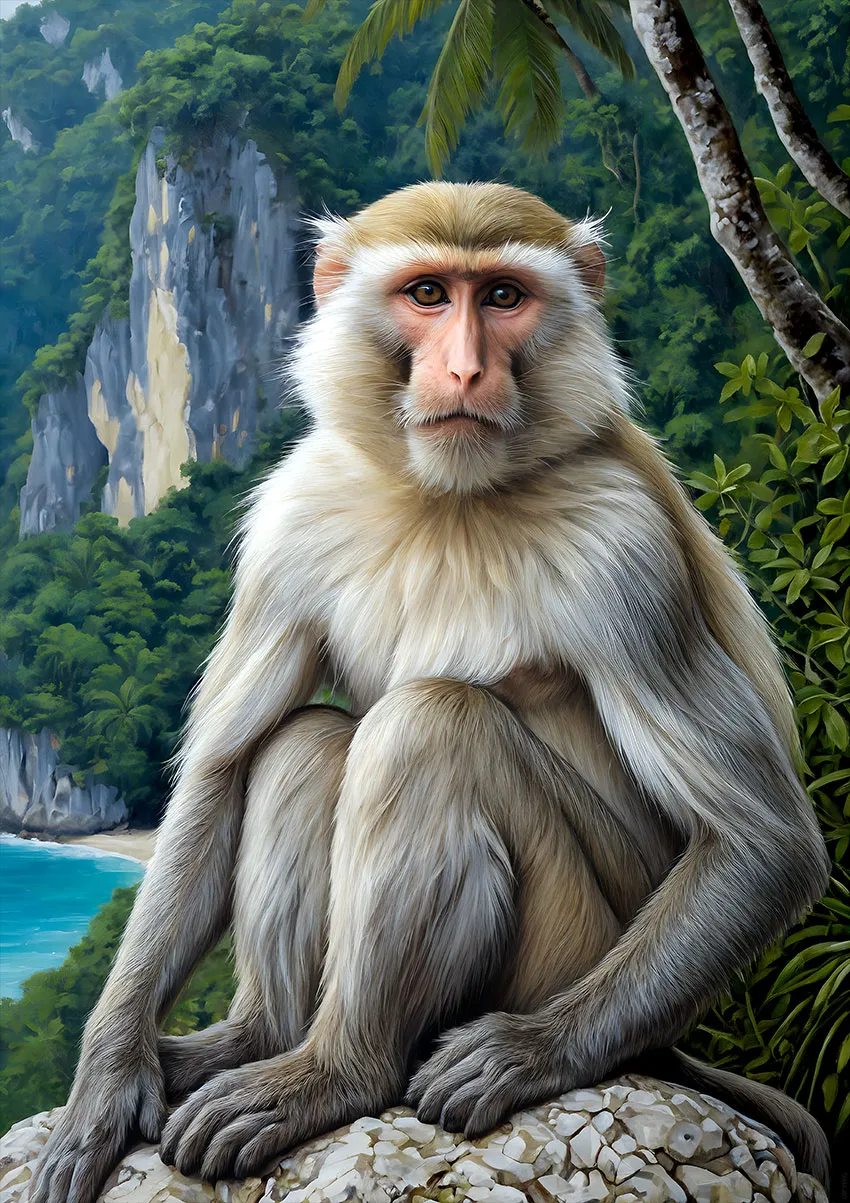 Crab-eating macaque perched on limestone cliffs overlooking the turquoise Andaman coast – Premium tropical wildlife wall art by TAMAJAD