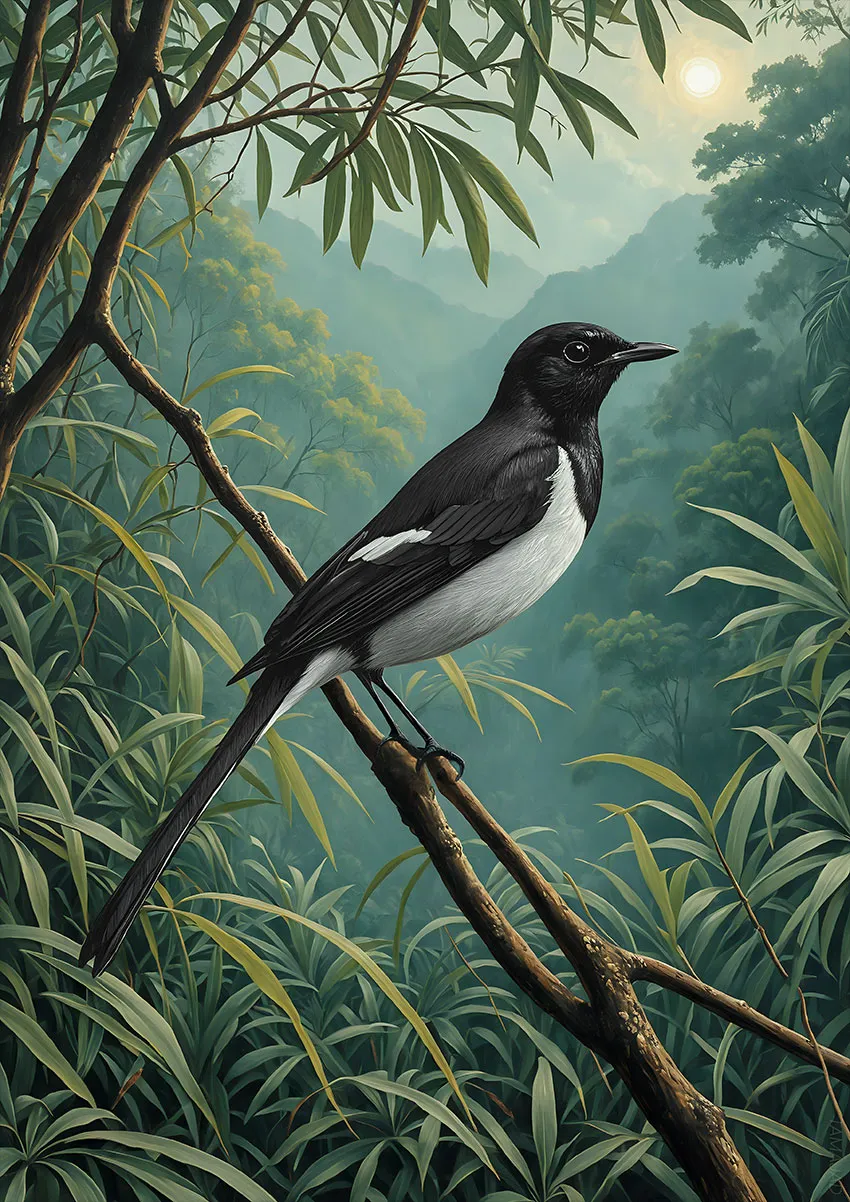 Luxury contemporary residence showcasing the TAMAJAD “Oriental Magpie-Robin” vertical tropical wildlife artwork.