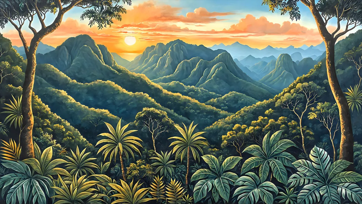Golden rainforest mountain panorama
