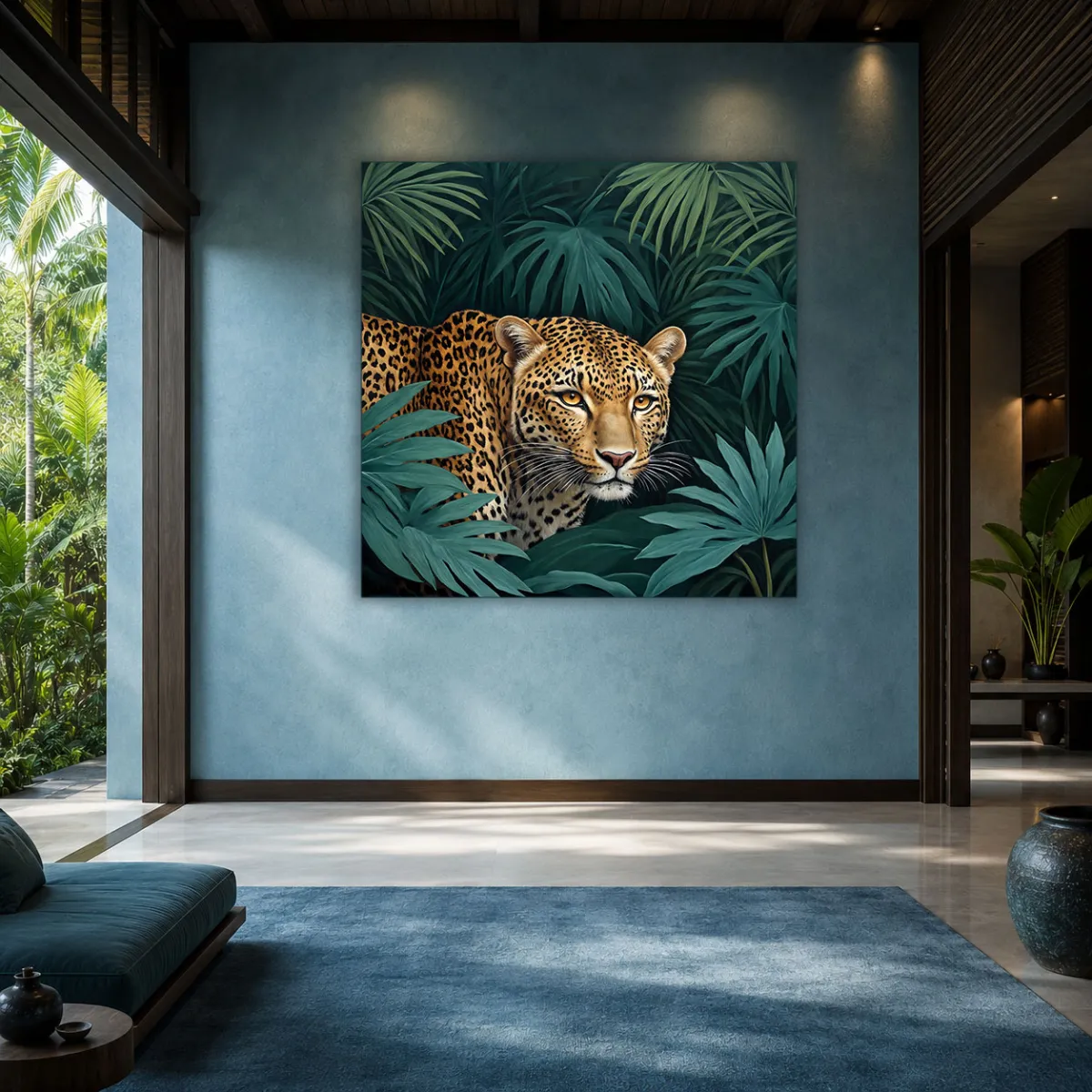 Square leopard artwork in tropical jungle.