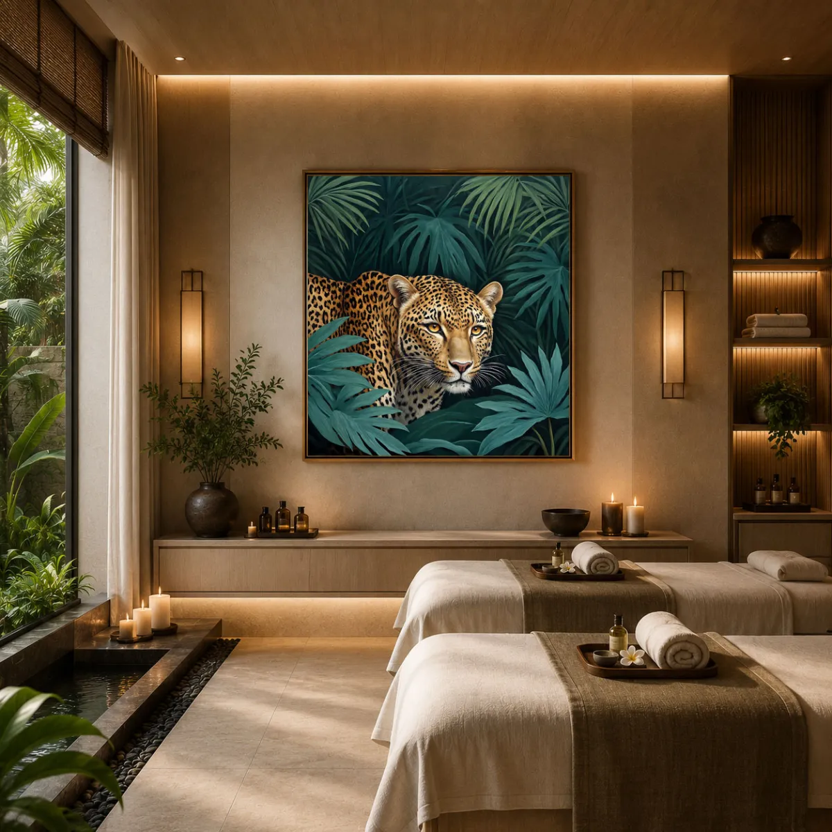 Luxury wellness spa featuring a calming square leopard artwork surrounded by natural materials and warm lighting