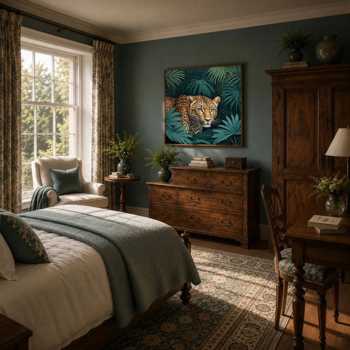 Contemporary luxury bedroom with a premium square leopard artwork creating a sophisticated tropical atmosphere