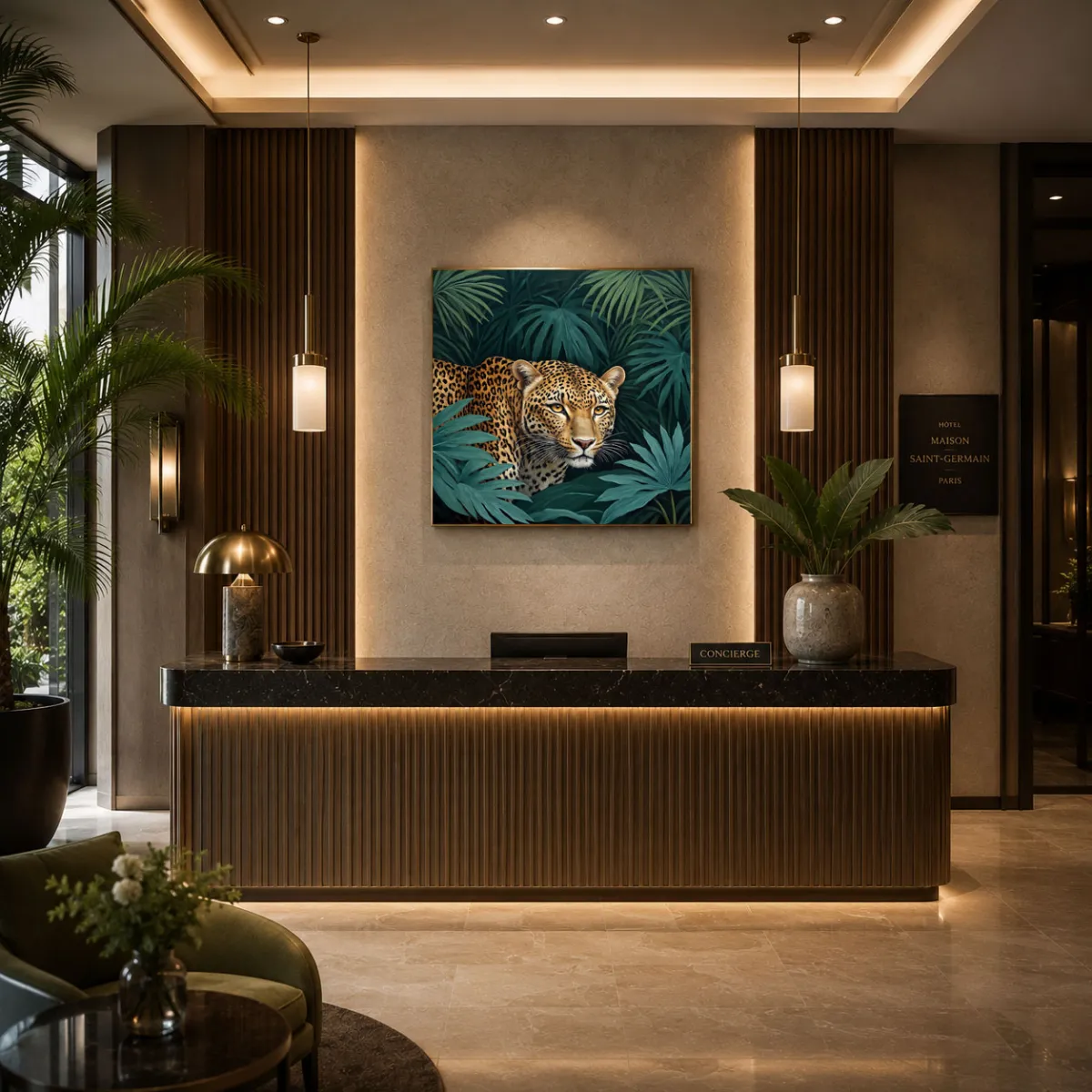 Luxury hotel reception featuring a contemporary square leopard artwork as an elegant focal point
