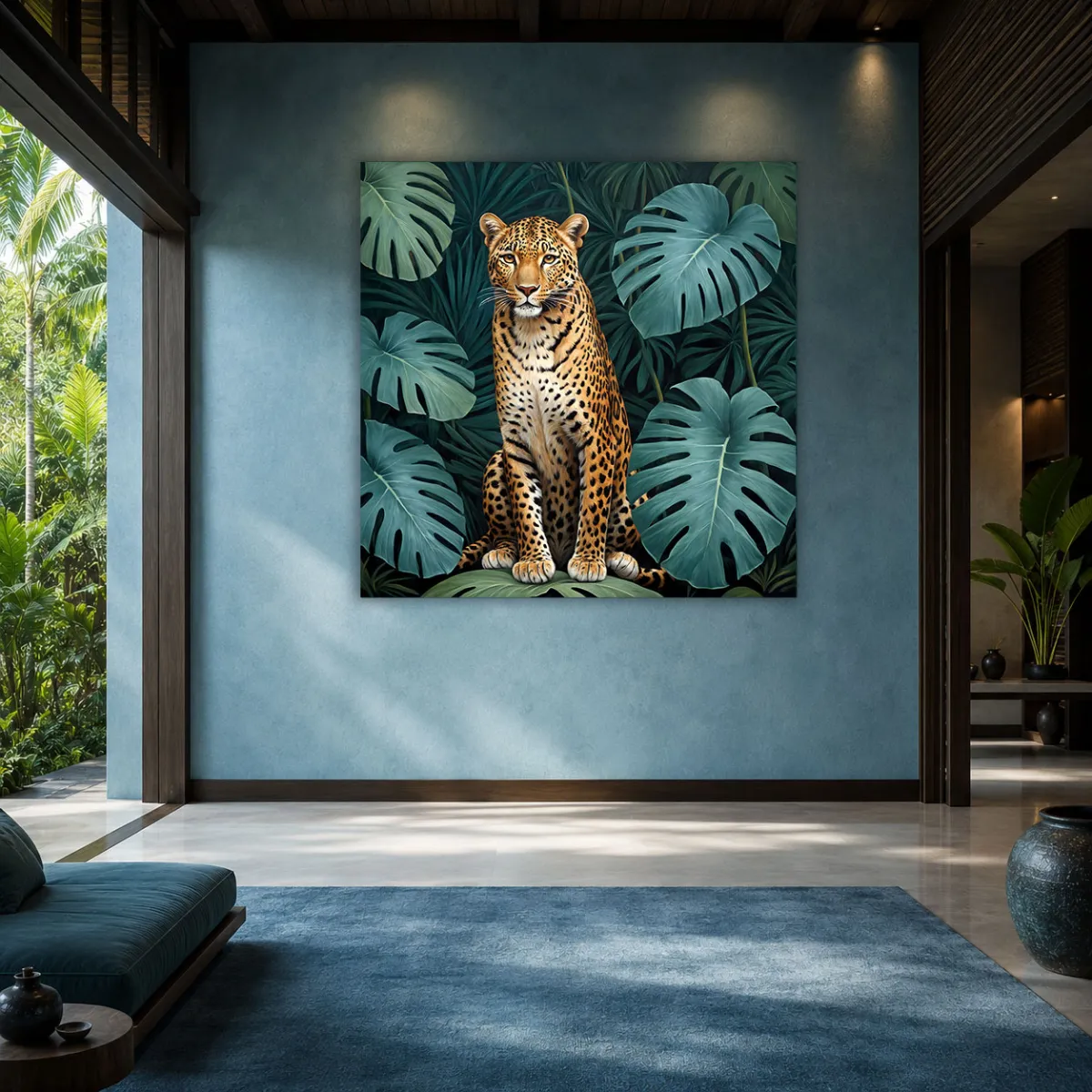 Leopard resting beneath tropical jungle foliage