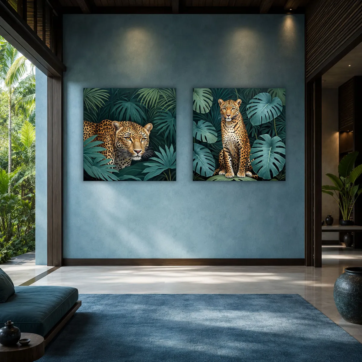 Contemporary leopard wall art with jungle leaves.