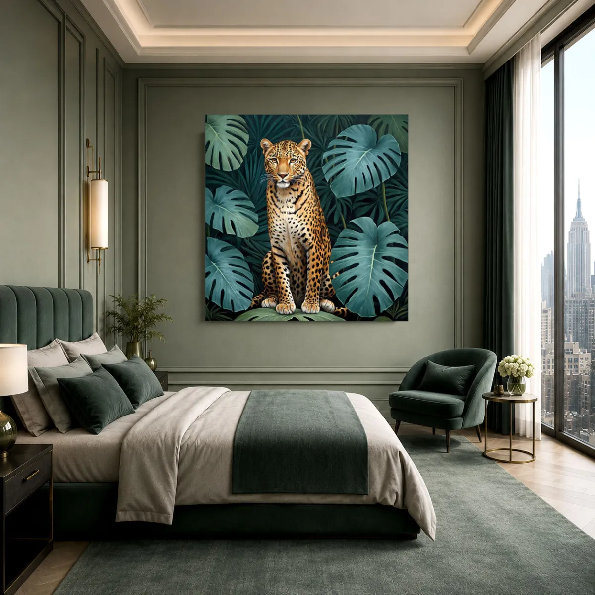     Luxury bedroom featuring The Pause XXL leopard artwork