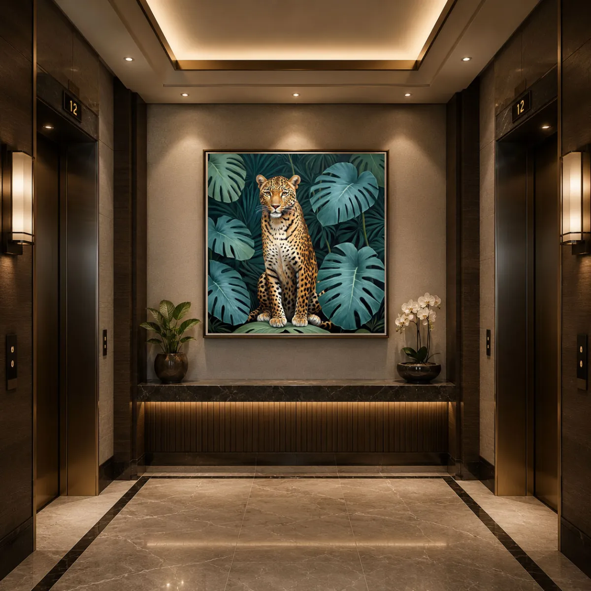 Elegant hotel elevator hall showcasing The Pause leopard wall art