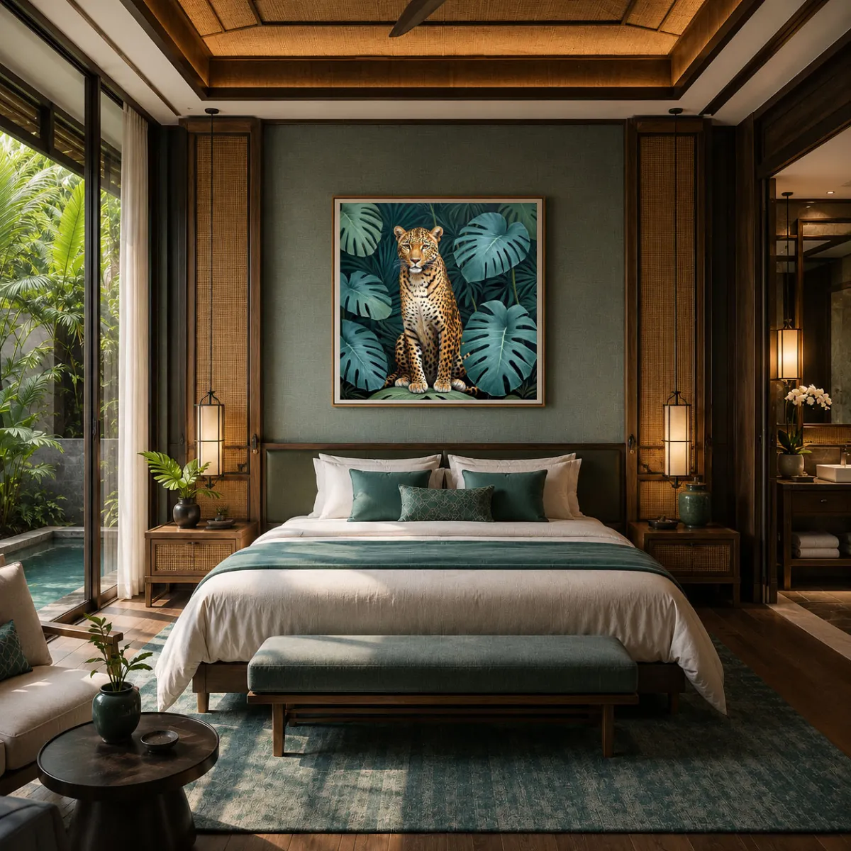 Luxury bedroom featuring The Pause XXL leopard artwork