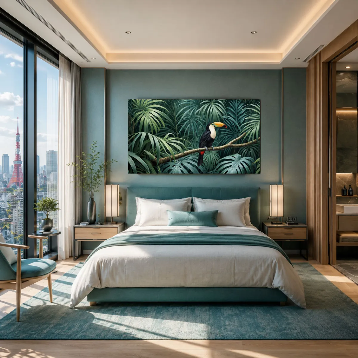   Toco Toucan Sanctuary framed artwork in elegant teal bedroom
