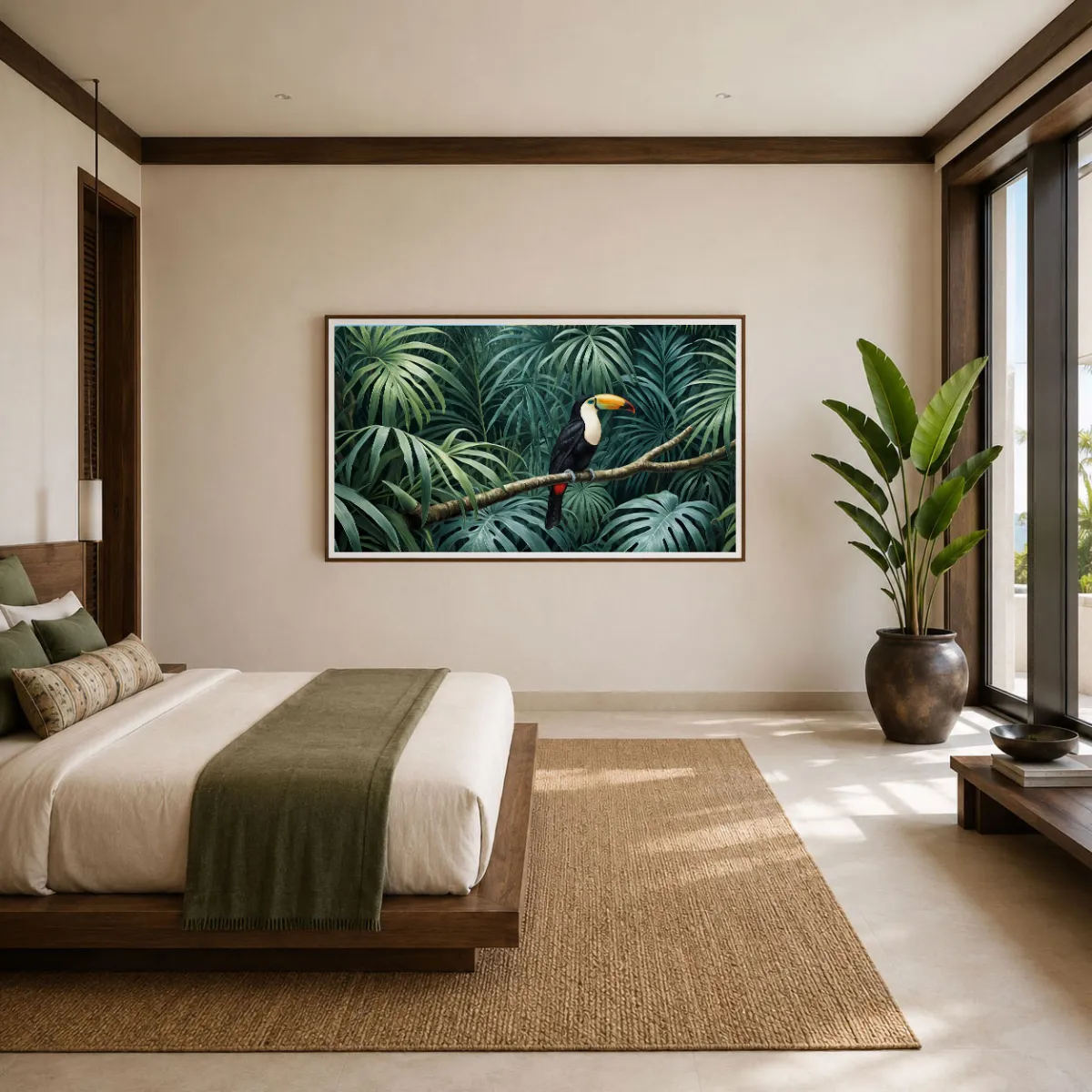   Toco Toucan Sanctuary panoramic rainforest artwork in minimalist bedroom