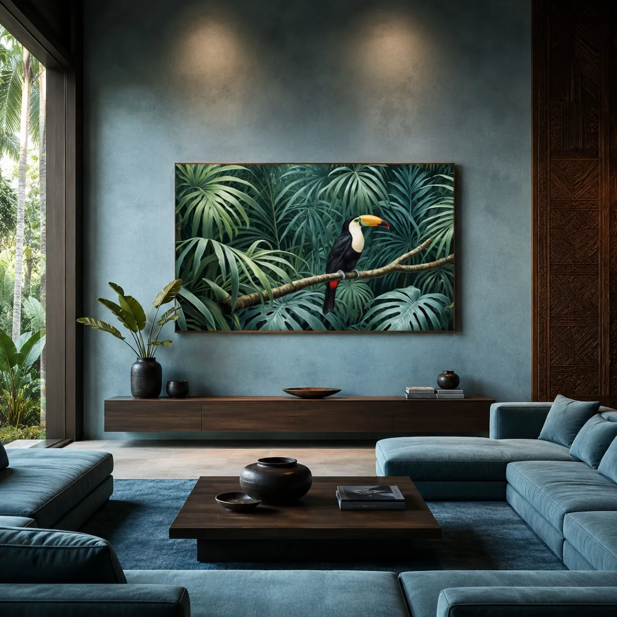 Toco Toucan Sanctuary luxury wall art in modern teal living room