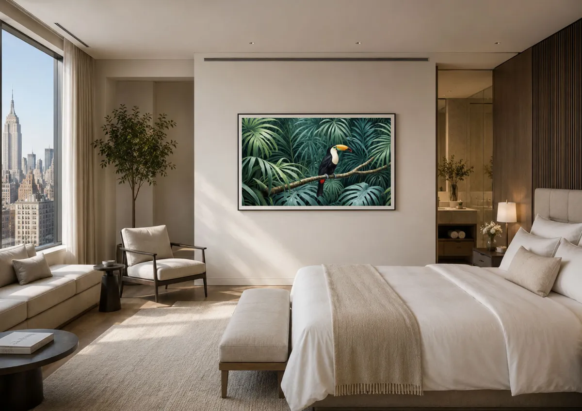 Toco Toucan Sanctuary framed rainforest artwork in luxury hotel suite