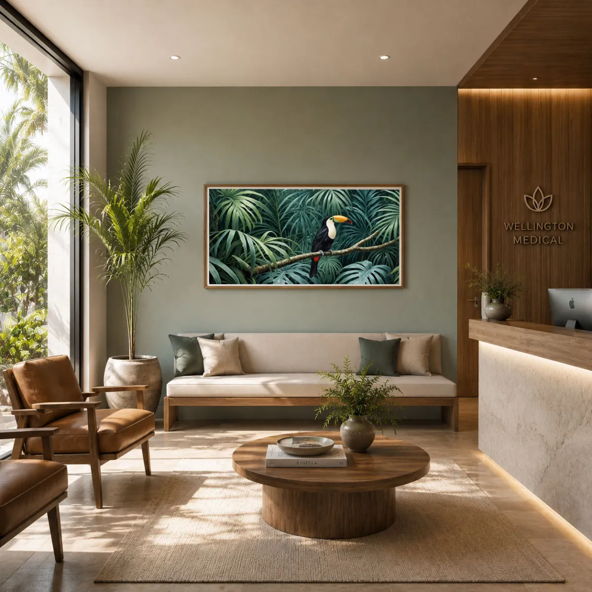Toco Toucan Sanctuary panoramic art in premium medical waiting room