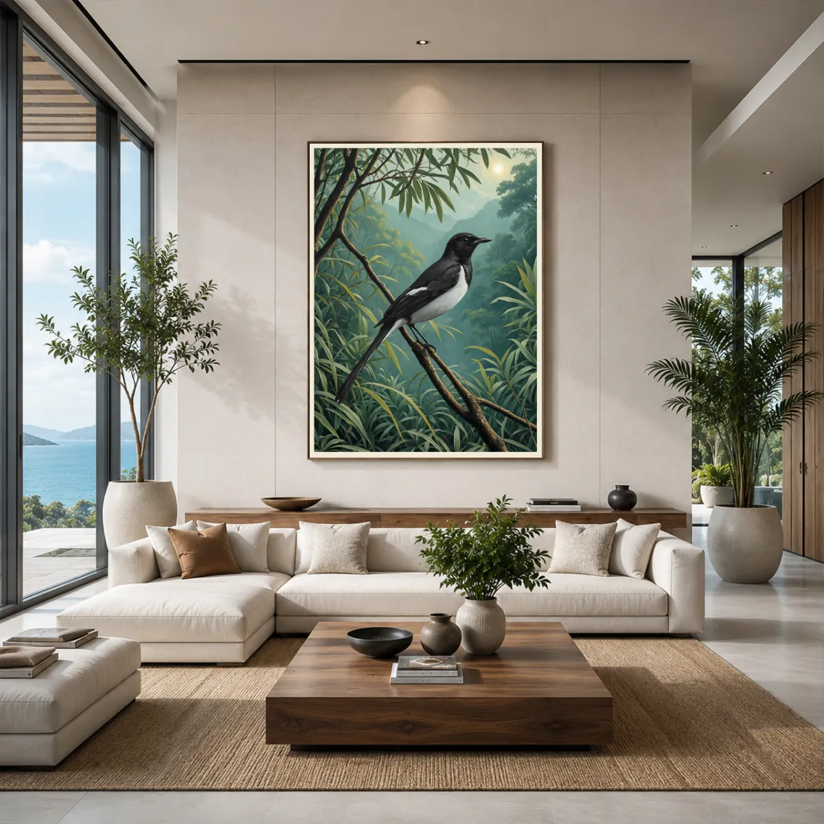 Modern living room featuring the TAMAJAD “Oriental Magpie-Robin” premium tropical bird wall art.