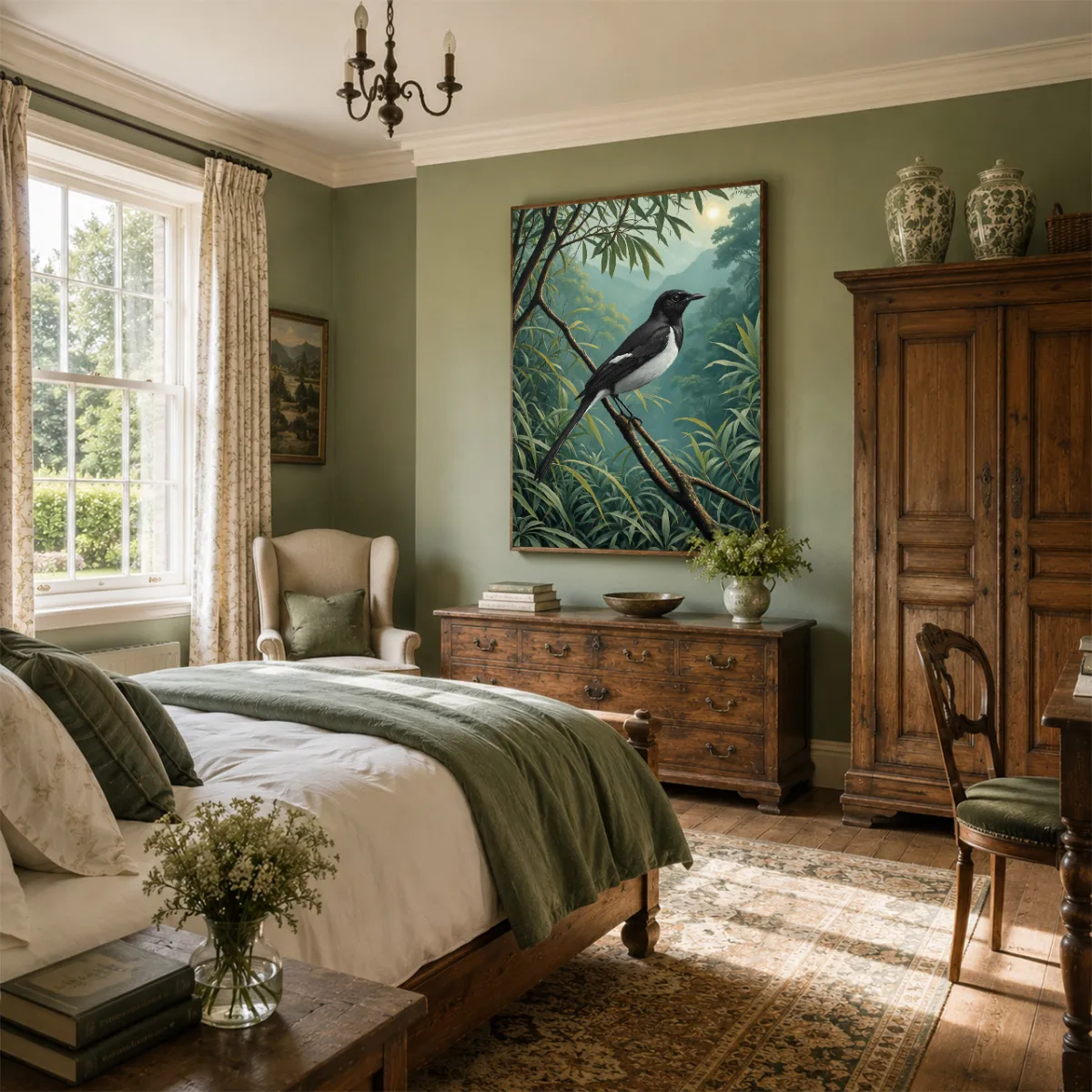 Elegant bedroom featuring the TAMAJAD “Oriental Magpie-Robin” tropical wildlife artwork displayed above a wooden dresser.