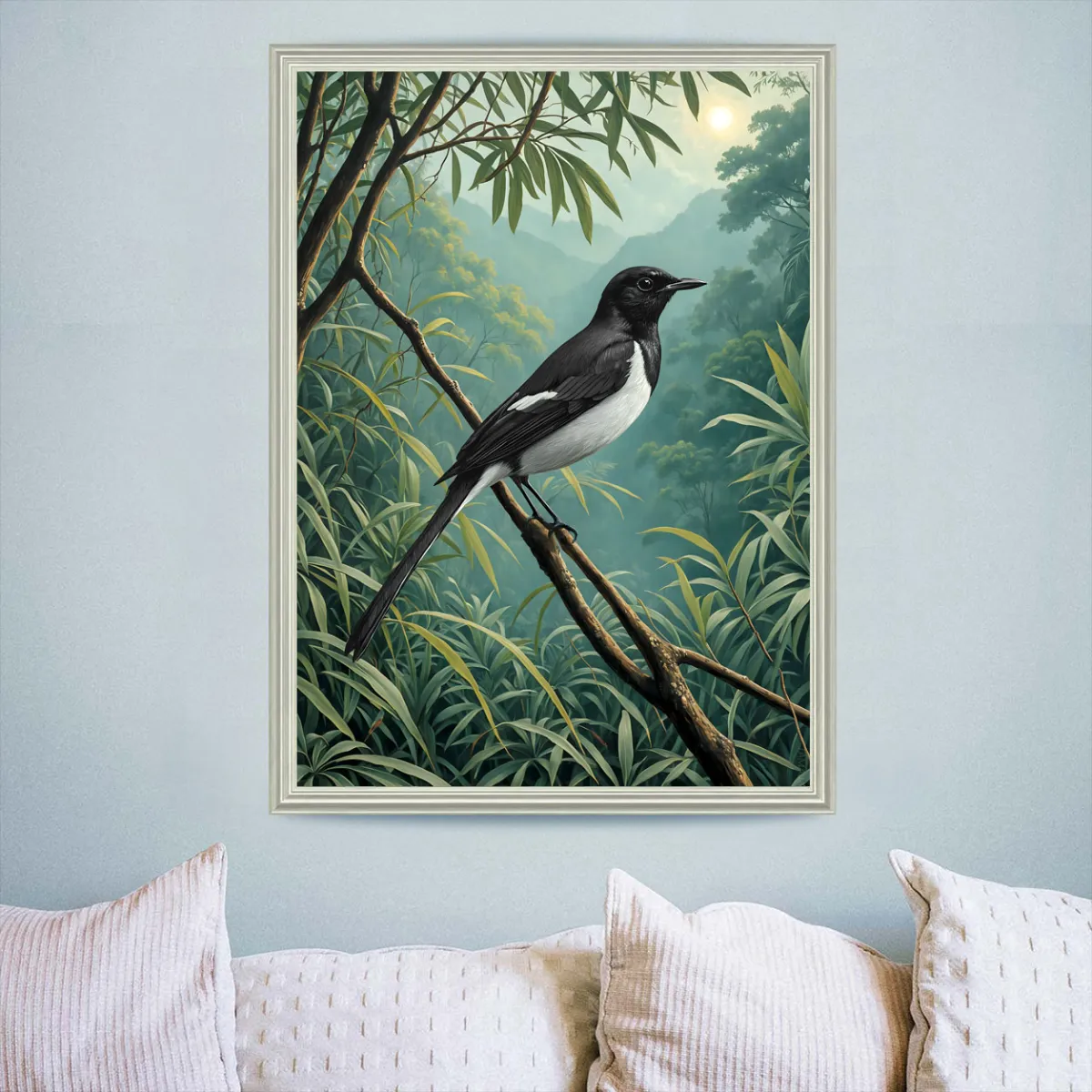 Contemporary interior featuring the TAMAJAD “Oriental Magpie-Robin” tropical bird artwork displayed as premium vertical wall art.