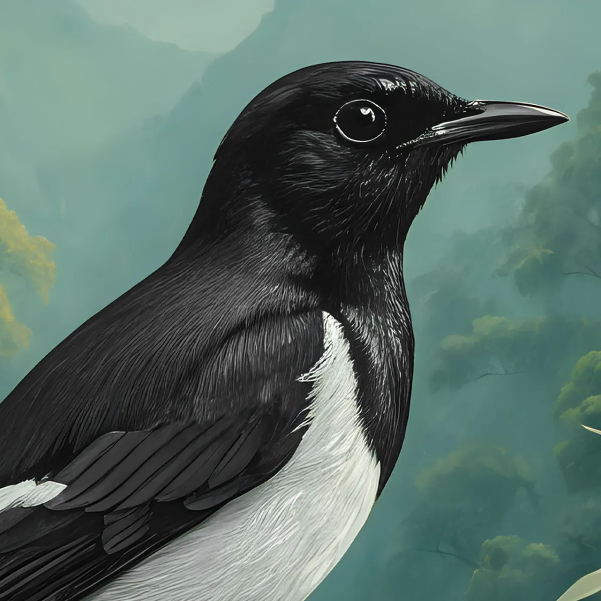 Close-up portrait of the TAMAJAD “Oriental Magpie-Robin” showcasing its elegant black-and-white plumage and expressive eye.