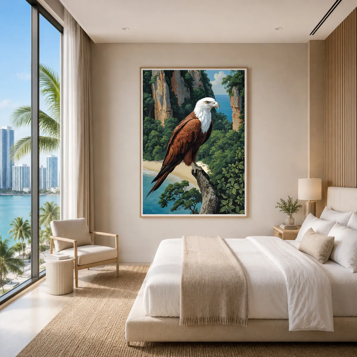 Luxury hotel suite with tropical coastal eagle artwork