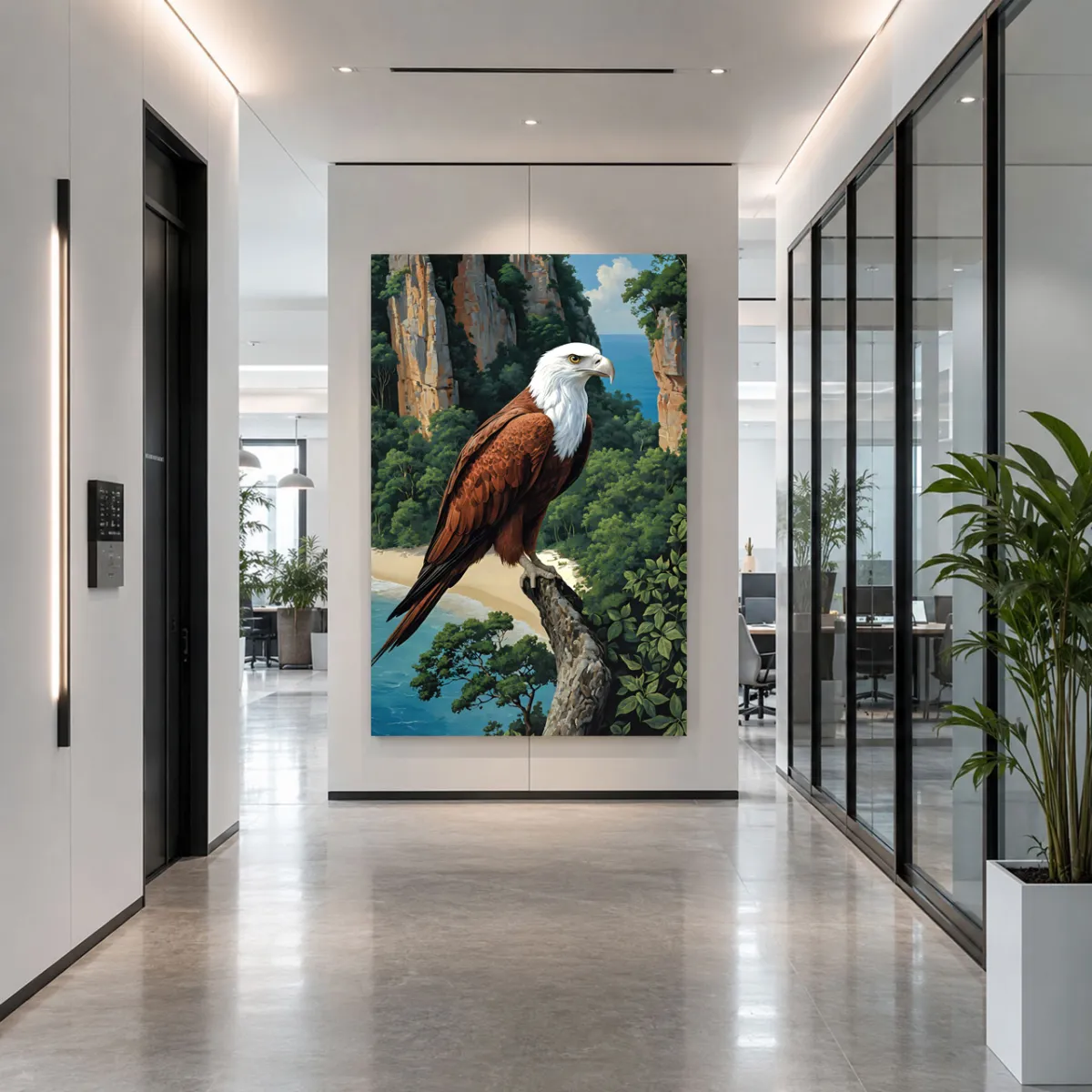 Luxury office lobby featuring tropical eagle wall art