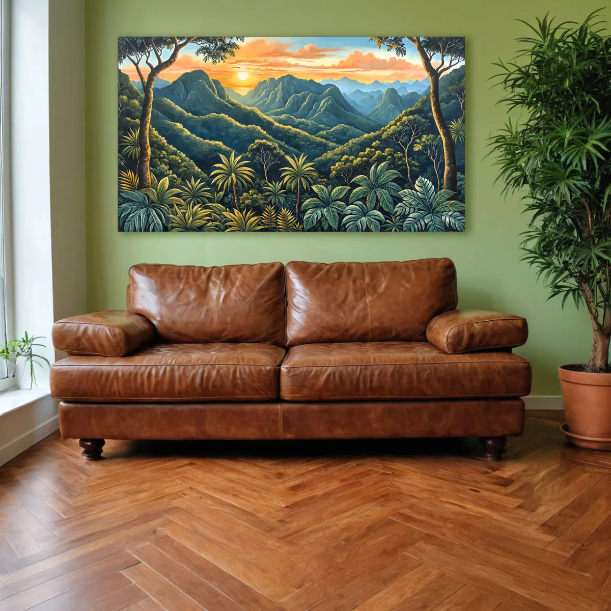 Contemporary living room featuring THE GOLDEN HOUR OF EDEN tropical landscape wall art
