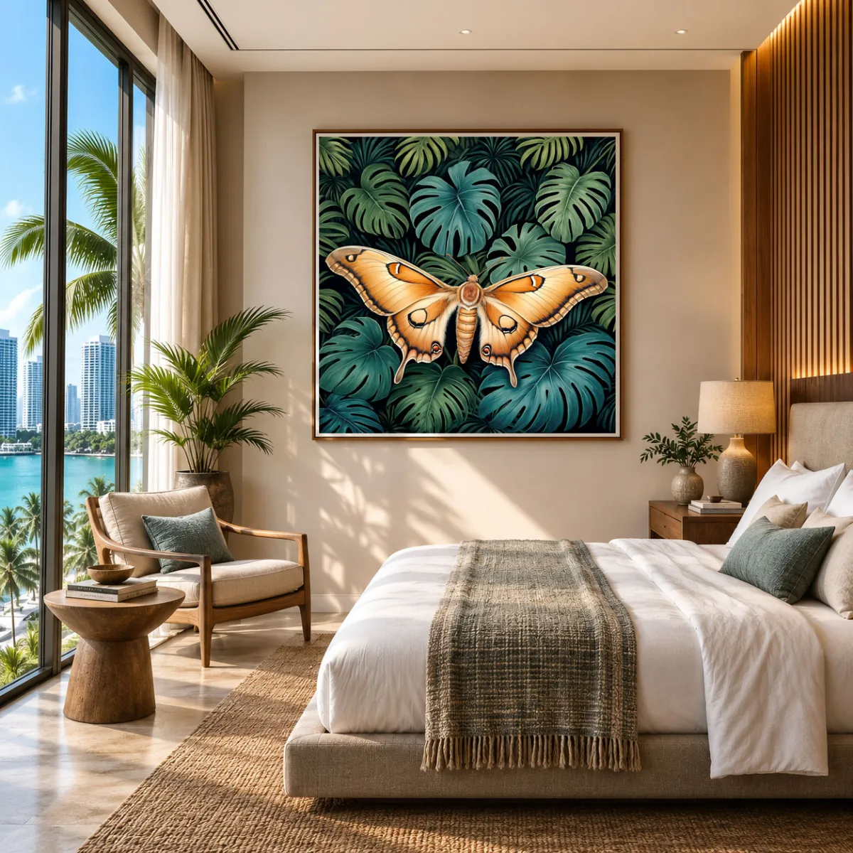 Premium bedroom with Silent Wings XXL square Atlas moth wall art.