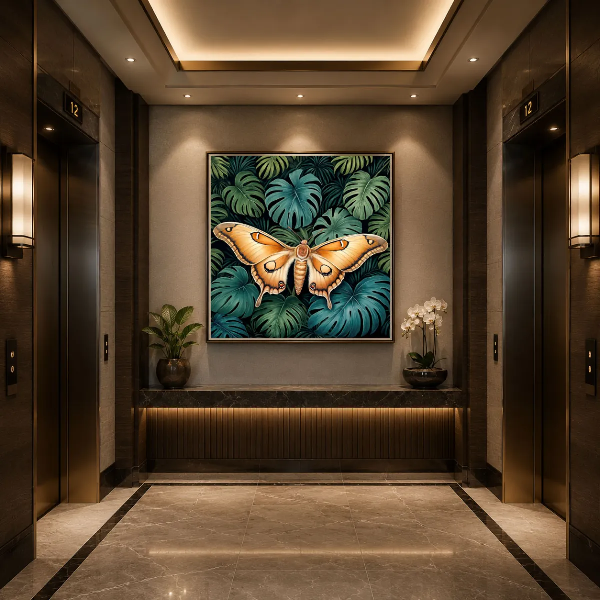 Luxury wellness spa featuring the Silent Wings Atlas moth artwork.