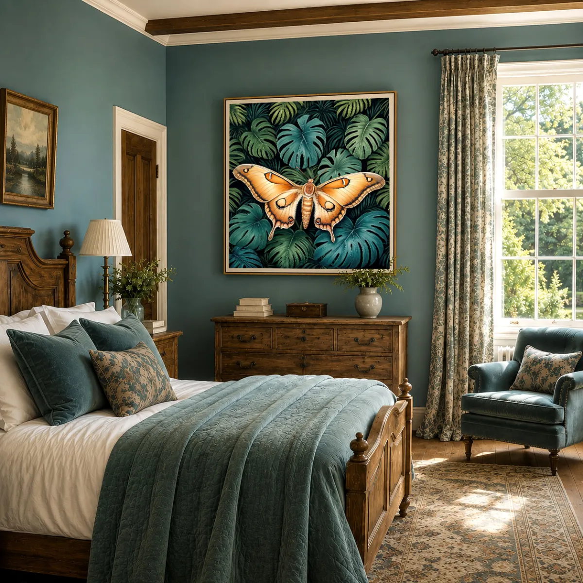 Contemporary teal bedroom showcasing the Silent Wings XXL artwork.