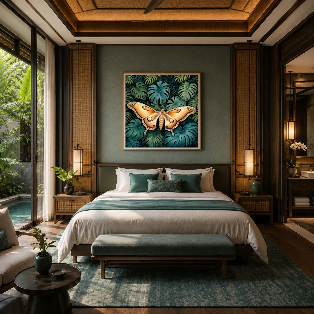 Balinese resort bedroom with Silent Wings XXL square wall art.