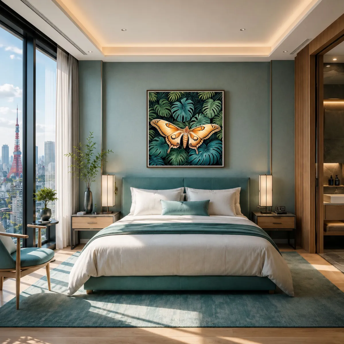 Sunlit coastal bedroom showcasing the Silent Wings XXL artwork.